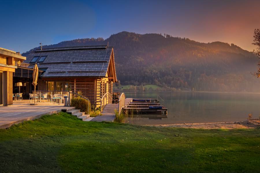 External view of the lake spa in the sunset