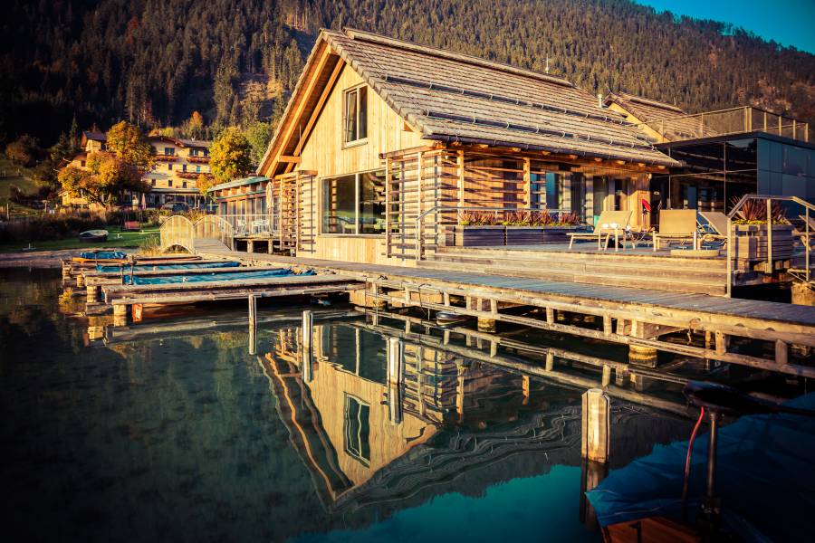 External view of the lake spa with its landing stage